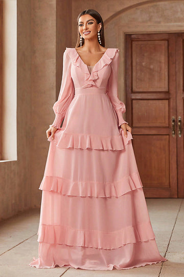 Pink Chiffon V-hals lange ærmer A-linje lagdelt lang gallakjole